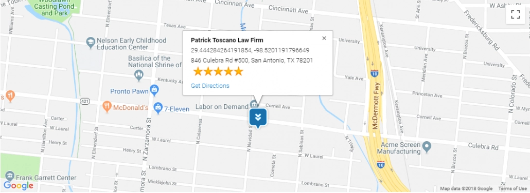 Map location of the Patrick Toscano Law Firm. Direction reads, "846 Culebra Rd #500, San Antonio, TX 78201"